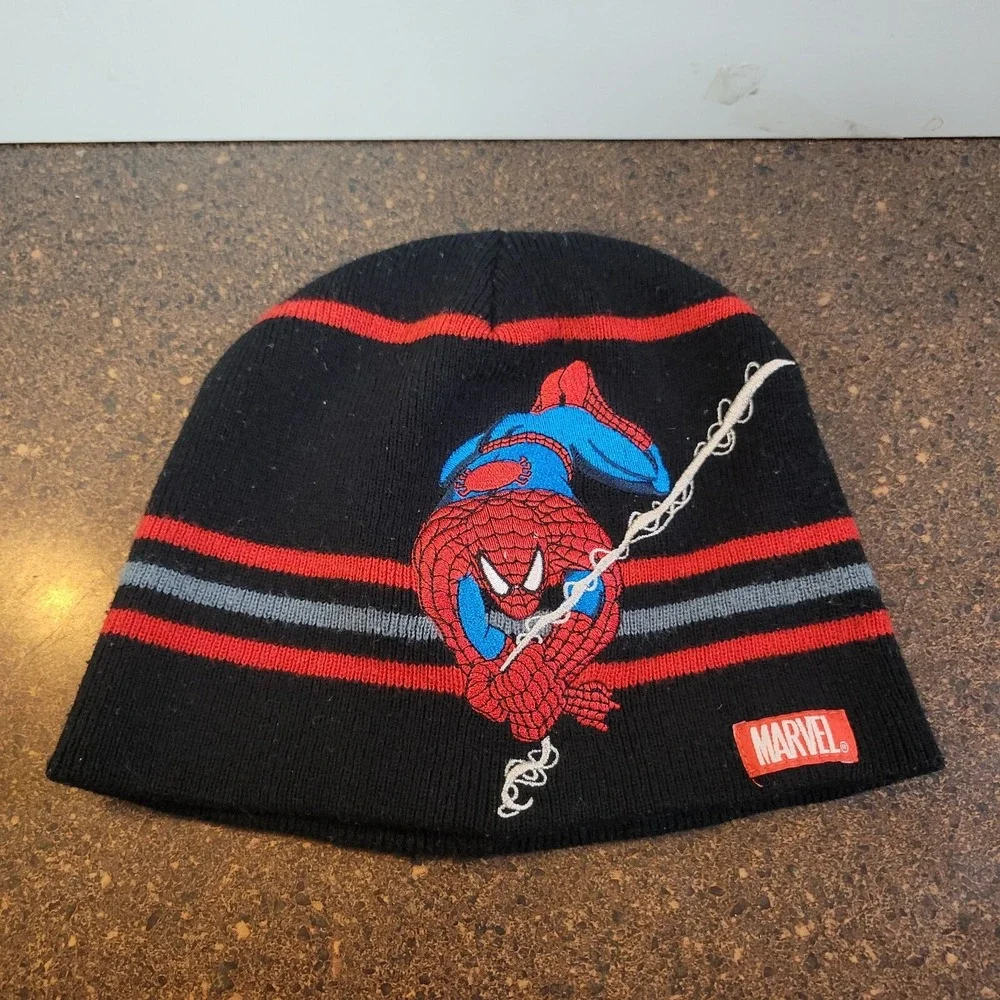 Marvel Spider-Man Winter Beanie Hat Youth Black Red Cuffless Knit Embroidered